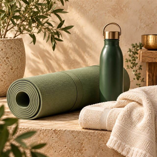 Mat de yoga, botella reutilizable y toalla de algodón